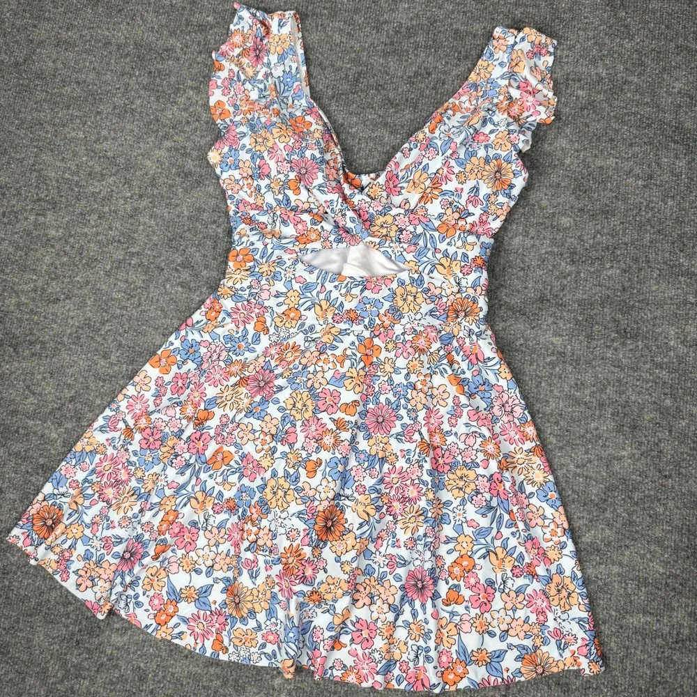 NEW Aleumdr Floral Ruffle Cutout Swim Dress Multi Twist Front Skirt Swimsuit M